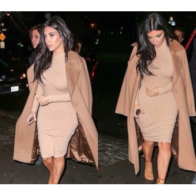  'Jade' nude over the knee length bodycon dress with turtleneck